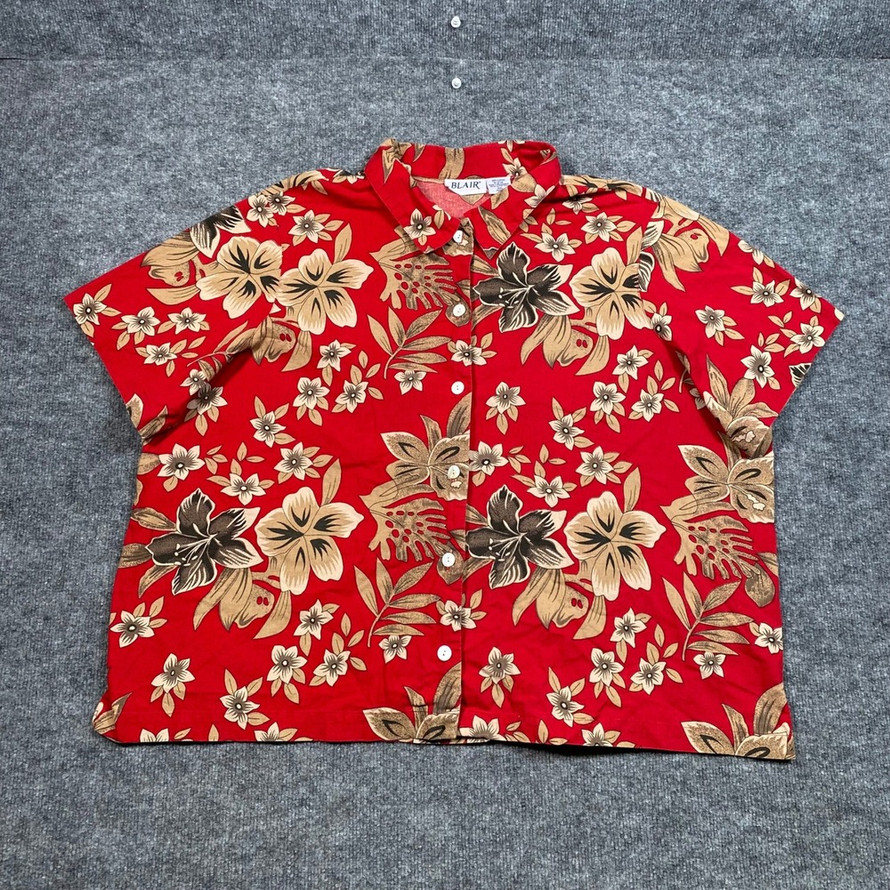 Blair Womens 3XL Red Tropical Floral Hibiscus Cotton Short Sleeve Button Up